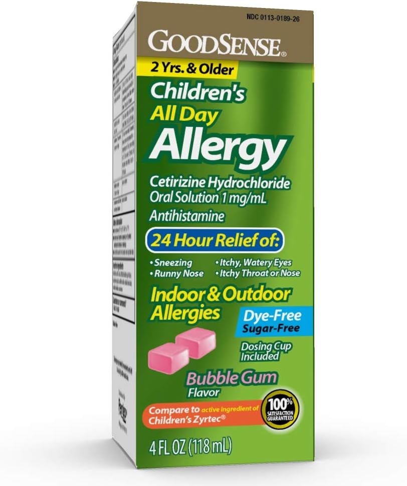 GoodSense Children's All Day Alerji Relief, Cetirizine Oral Oral Çözüm 1 mg/mL, Gum Flavor, Dye Free, Sugar Free, 4 Akışkanlar Ounce