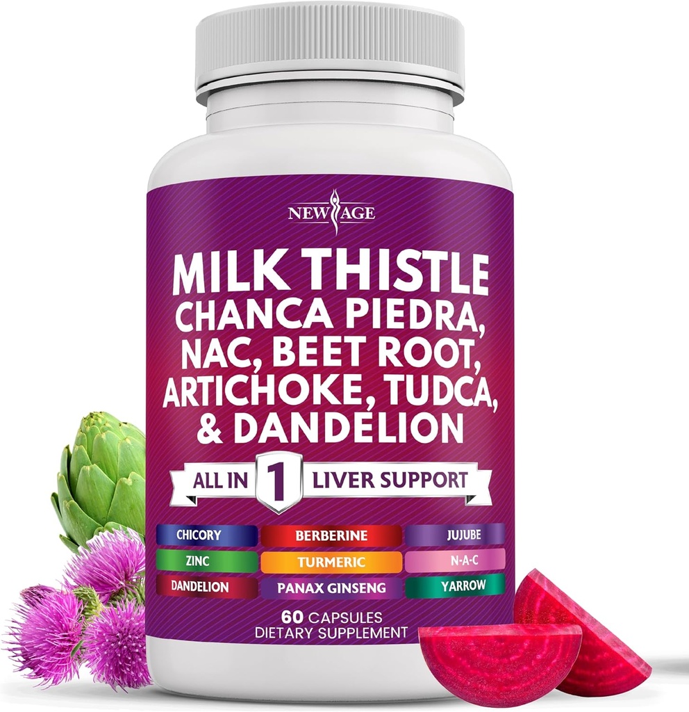 NEW AGE Milk Thistle NAC Chanca Piedra Beet Root Artichoke Dandelion Root Astragalus - Plus TUDCA & Ginger - 60