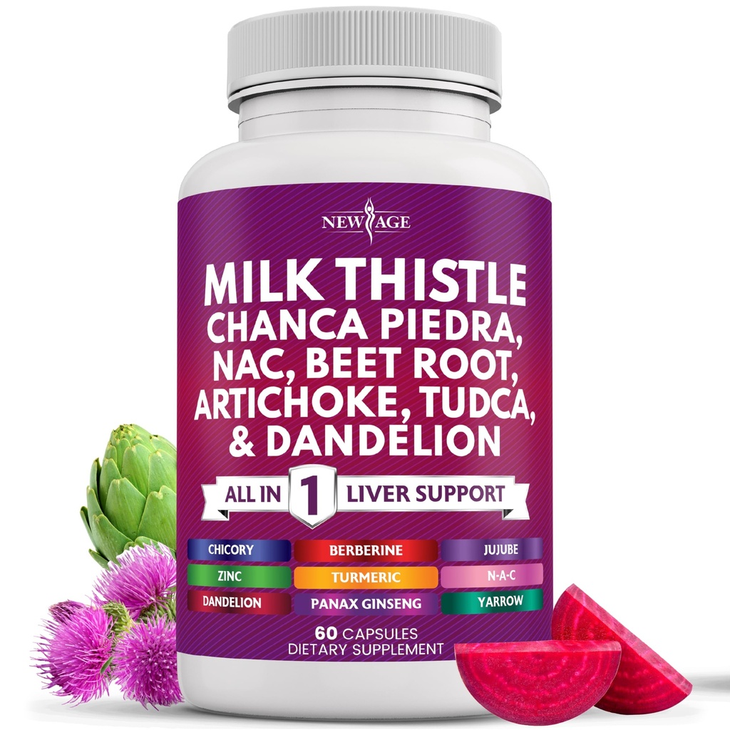 NEW AGE Milk Thistle NAC Chanca Piedra Beet Root Artichoke Dandelion Root Astragalus - Plus TUDCA & Ginger - 60