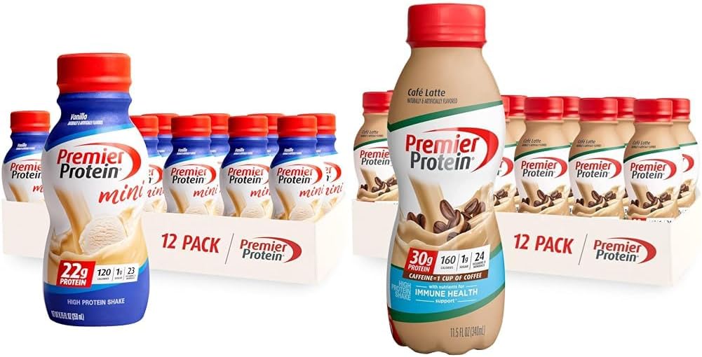 Premier Protein Shake MINIs Vanilla 22g Protein 120 Calories Pack 12 & Café Latte 30g Protein 160 Calories Nutrients for Immune Health Pack of 12