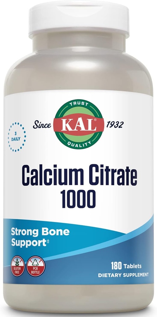 KAL Calcium Citrate 1000mg, Calcium Supplements for Women and Men, Bone Health, Teeth, Nervous, Muscular & Cardiovascular System Support, Gluten Free and Lab Verified, 60 Servings, 180 Tablets