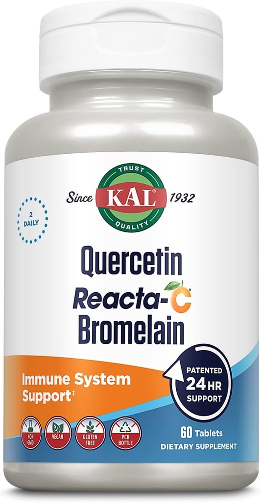 KAL Quercetin Reakta-C Bromelain Immune Support Supplement, 24 Saat Immune Defense with Bioflavonoids, Vitamin C 1000 mg and Quercetin 500 mg, Vegan, Gluten Free, 60 Günlük Garanti, 30 Serv, 60 Tablet