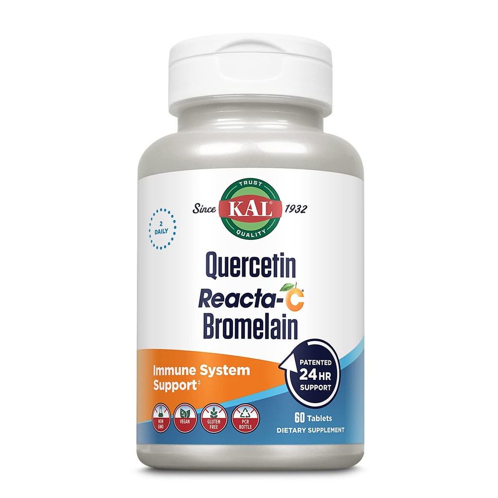 KAL Quercetin Reakta-C Bromelain Immune Support Supplement, 24 Saat Immune Defense with Bioflavonoids, Vitamin C 1000 mg and Quercetin 500 mg, Vegan, Gluten Free, 60 Günlük Garanti, 30 Serv, 60 Tablet