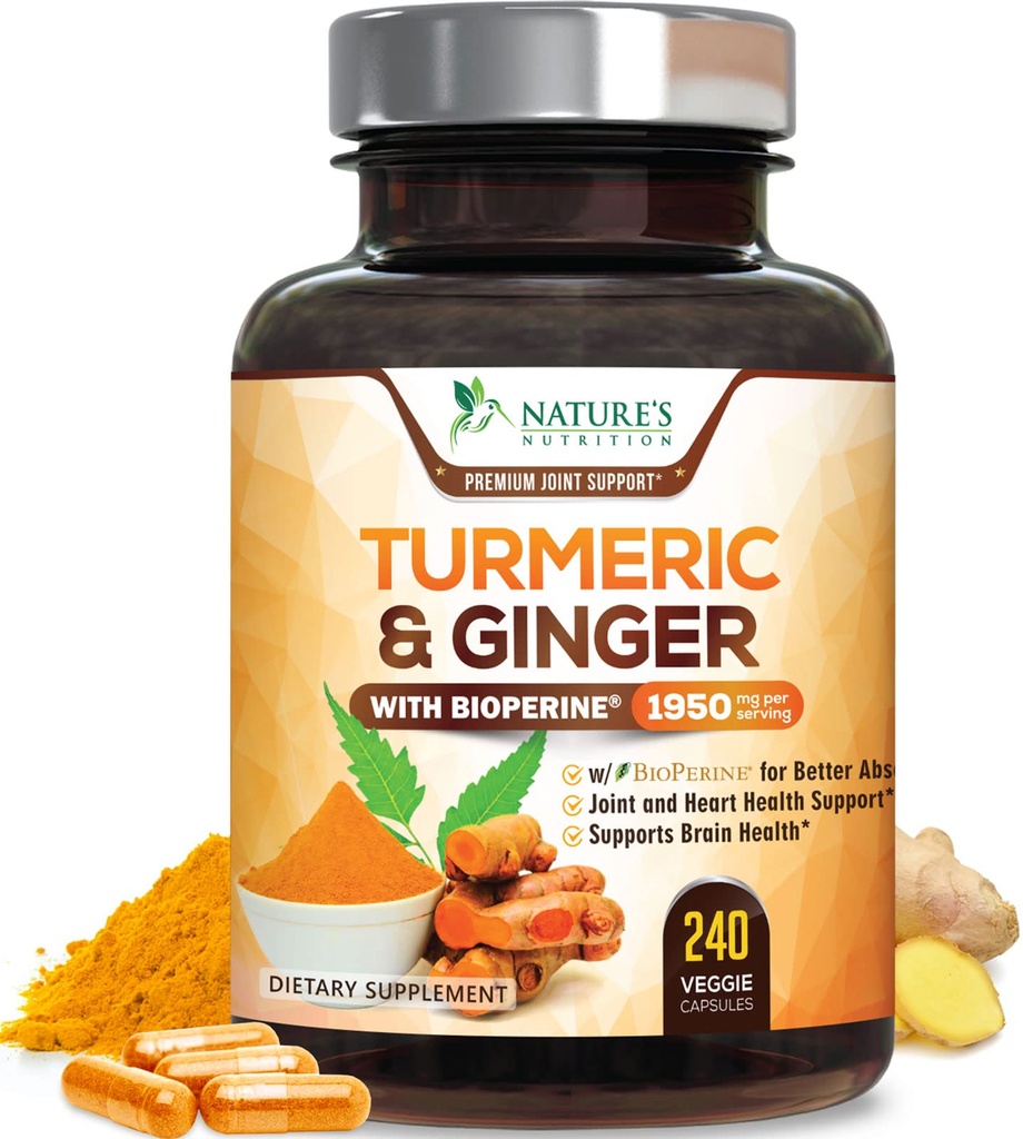 Turmeric Curcumin Supplement 1950mg - Organik Turmeric & Ginger, BioPerine Black Pepper for Best Abpole, Nature's Vegan Ortak Desteği, Non-GMO, Şişed in USA - 240 Capsules