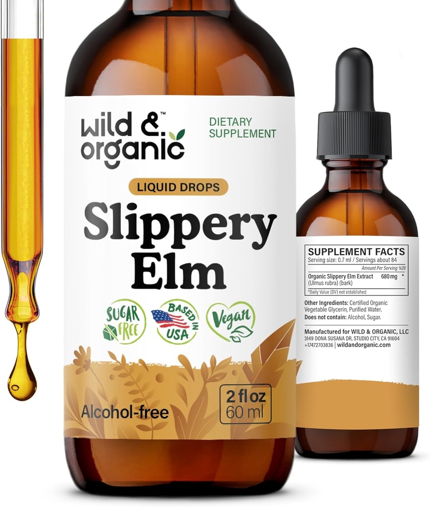 Wild & Organic Slippery Elm Drops - Lung, Digestive & Women's Support - Slippery Elm Bark Tincture - Sıvı Ulmus Rubra Ekstraksiyon Tamam - Vegan, Şeker & Alkol Özgür - 2 fl oz