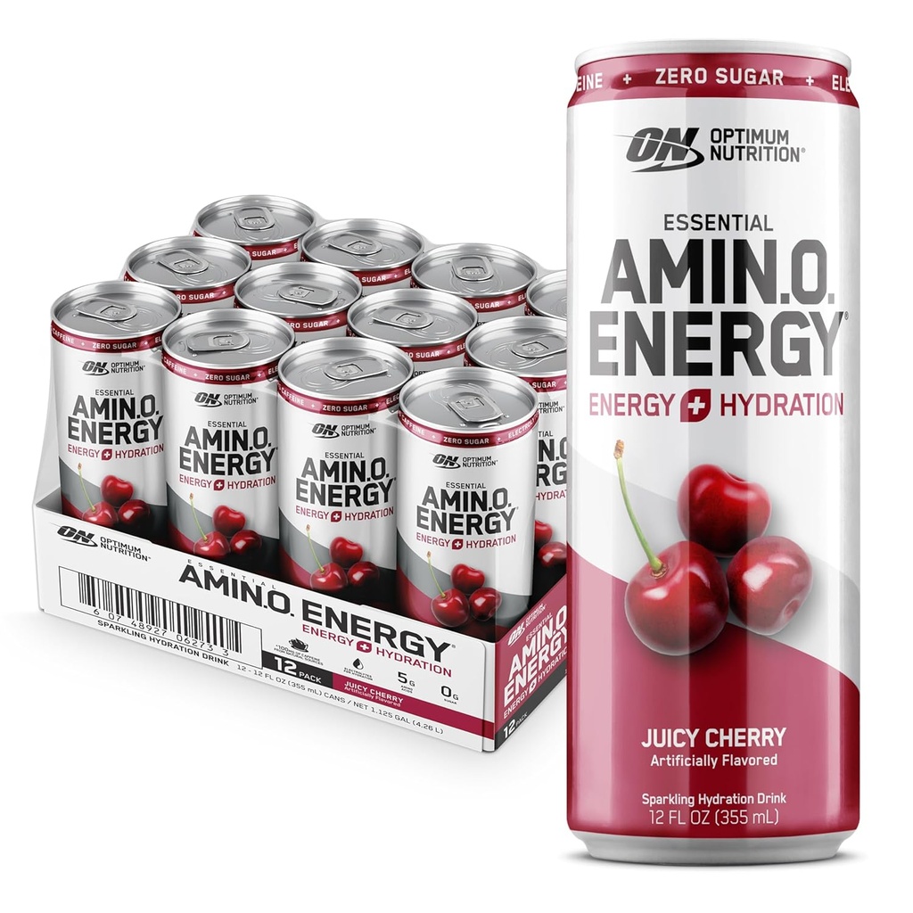 Optimum Beslenme Amino Enerji Koling Hydration Drink, Electrolytes, Caffeine, Amino Asits, BCAAs, Sugar Free, Juicy Cherry, 12 Fl Oz, 12 Pack (Pazar Mayıs Vary)