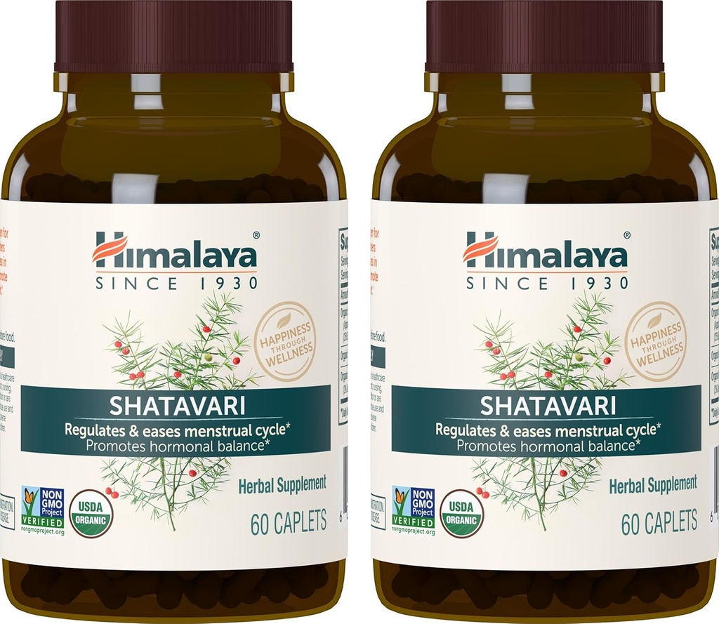 Himalaya Organik Shatavari for PMS, Menstrual Cramp Relief, Menopause Support, and Women's Health, 1,300 mg, 60 Caplets, 2 Ay Supply, 2 Pack