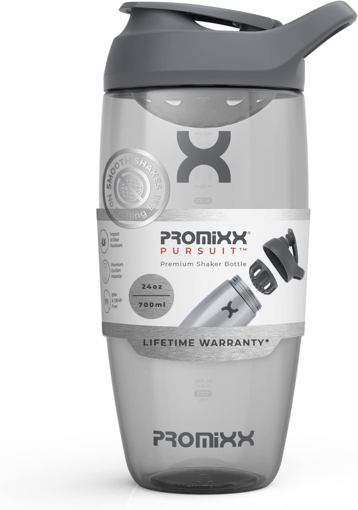Promixx Pursuit protein Shaker Şişe (24 oz) – Silent No-Ball Mikser, Leak-Proof Lid, BPA/BPS & Phthalate-Free ECOZEN – Easy-Clean Shaker Cup for protein Shakes, Pre & Post-Workout-Workout