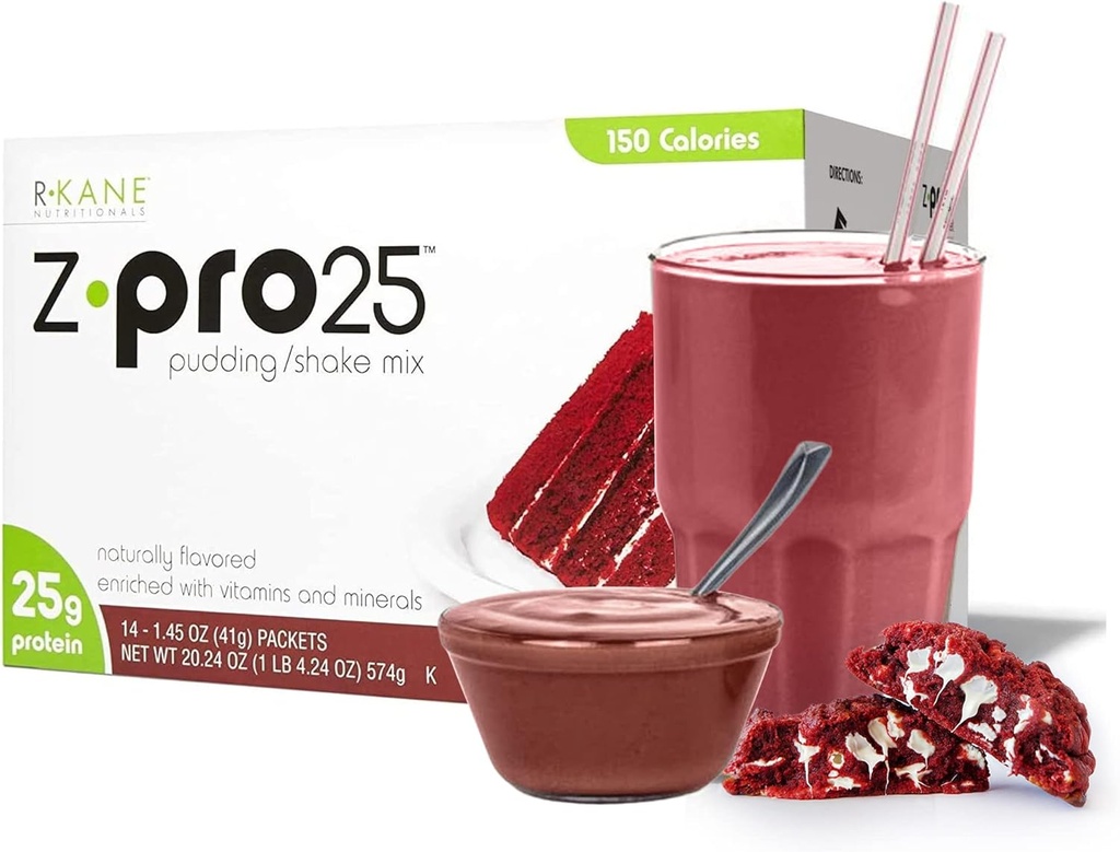 R-Kane Beslenme Z-Pro Red Velvet proteini Mix - Yüksek Protein, Low Calorie Low Fat Shake ve Pudding Mix - Meal Change, On-Go Packets - Kahvaltı Boost - 25g Protein - 14 Packets