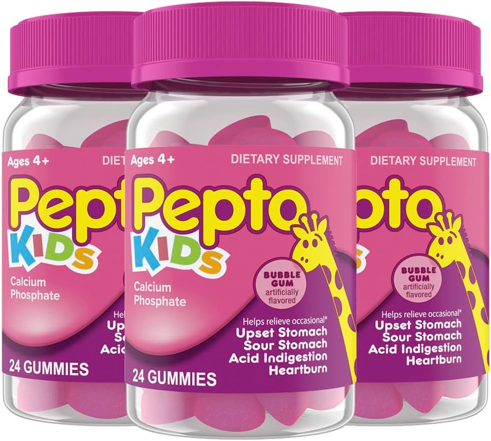 Pepto Kids Gummies, Relieve Occasional Upset Stomach, Acid Indigestion, Sour Stomach ve Heartburn, 72 Toplam (3 Paketler)