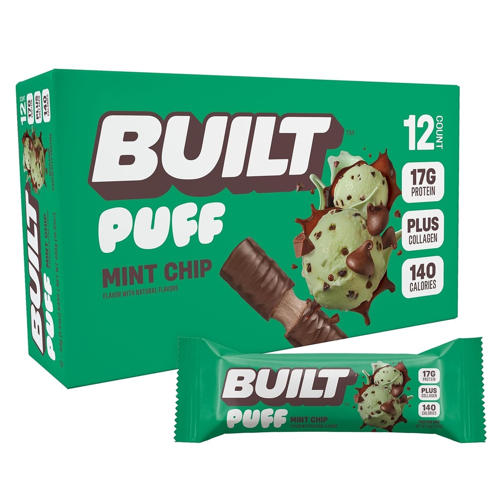İnşa edilen Bar, Puff protein Bars, Mint Chip Puff, 17g Protein Snacks, On-The-Go Bars, Only 140 Calories, 6g Sugar, Collagen, Gluten Free, 12 Count