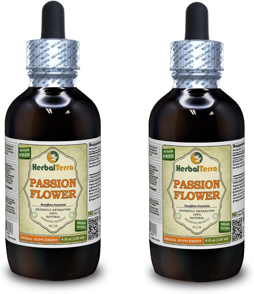 Passion Flower (Passiflora Incarnata) Tincture, Organik Kuru Herb Sıvı Ekstraksiyon (Brand Name: HerbalTerra, Proudly Made in USA) 2x4 fl.oz (2x120 ml)