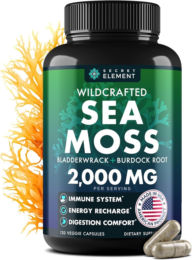 Sea Moss Capsules - Irish Sea Moss Advanced with Burdock Root, Bladderwrack & Muira Puama for Immunity, Gut, & Energy - Superfood Sea Moss Supplements w/Raw Sea Moss Powder - 120 Irish Seamoss Pills