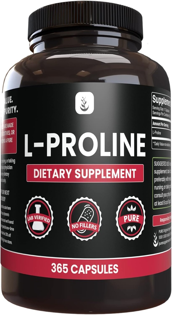 PURE ORIGINAL INGREDIENTS L-Proline (365 Capsules) Magnezyum Or Rice Fillers, Always Pure, Lab TY