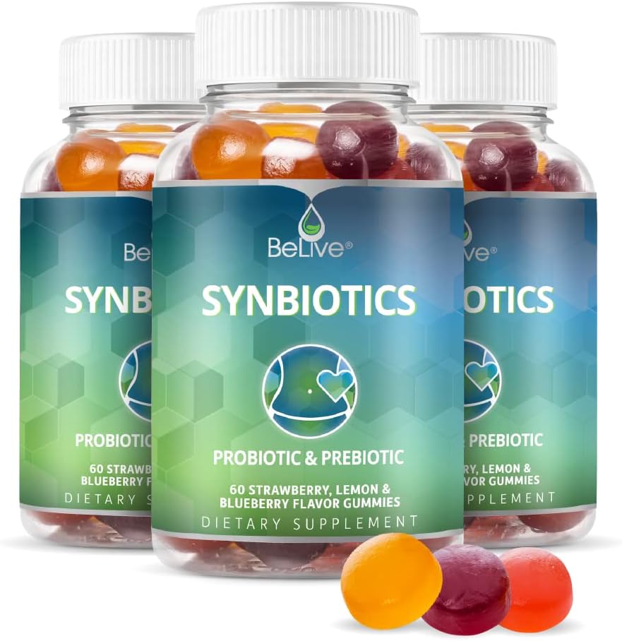 Canlı Synbiyotikler - Probiyotik & Prebiyotik Fiber Gummies - Yüksek Kuvvet Inulin (3g), Diyetsel Fiber Supplement, Çocuklar ve Yetişkinler için Digestive Support - Strawberry, Lemon, Blueberry Flavor | 3Pack