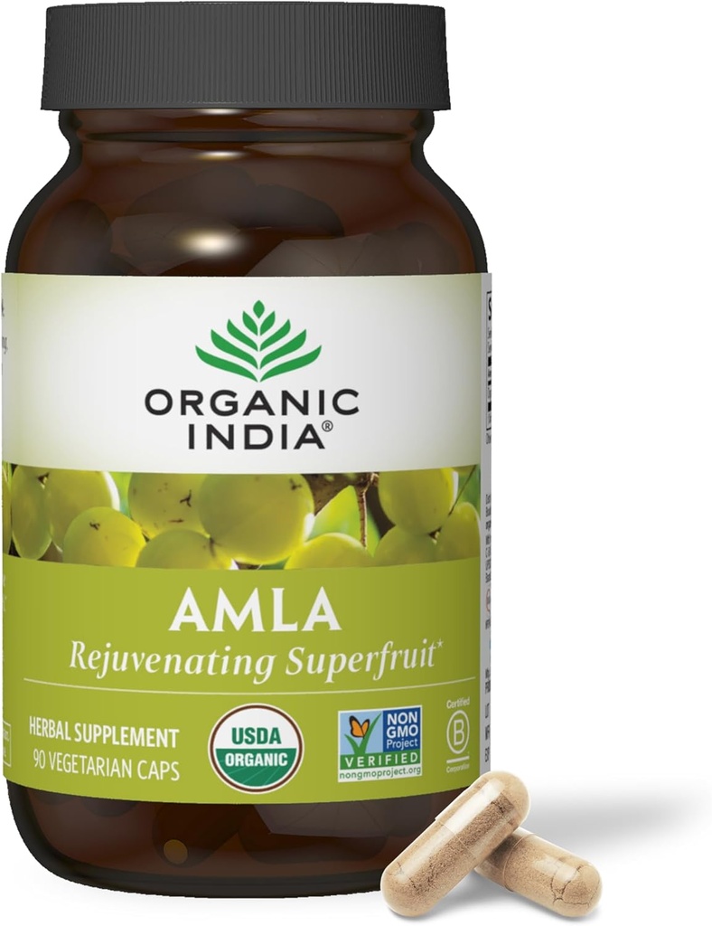 Organic India Amla Capsules Organic - Indian Gooseberry Herbal Vitamin Supplement, Amla Supplement, Immune Support, Vegan, Gluten-Free, Ayurvedic, Antioxidant, Non-GMO - 90 Capsules