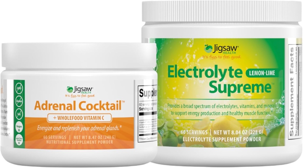 Jigsaw Health Sche | Adrenal Cocktail, 60 Hizmet (Jar), ve Electrolye Supreme (Lemon-Lime), 60 Hizmet (Jar)