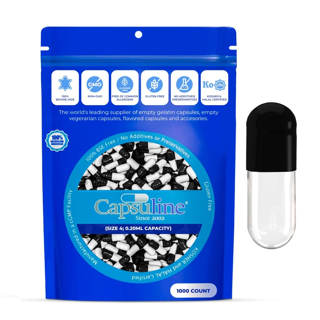 Capsuline Μέγεθος 4 Κενές κάψουλες Ζελατίνης, Μαύρο / Καθαρό - 1000 Count 