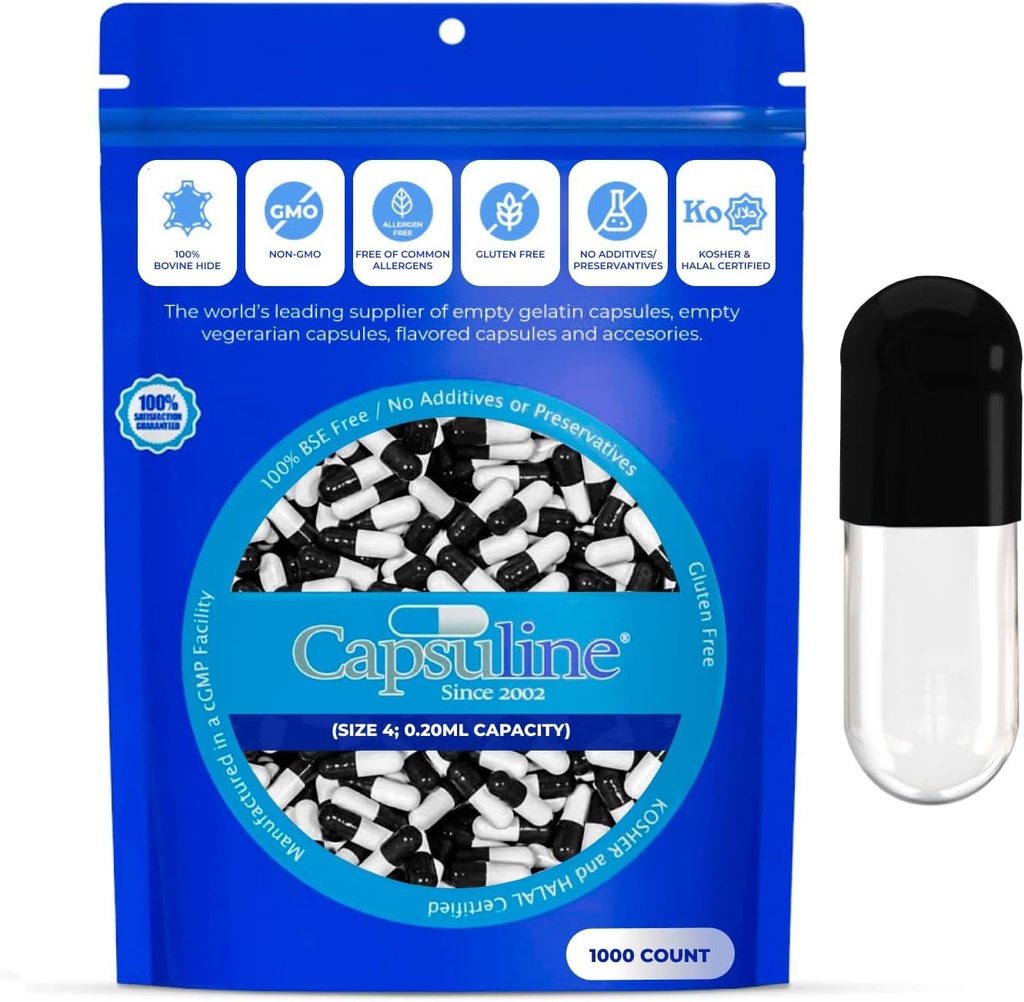 Capsuline Size 4 Empty Gelatin Capsules, Black/Clear - 1000 Count | Gluten Free, Kosher, Non-GMO Certified | Pure Bovine Pill Caps for DIY Supplement Filling