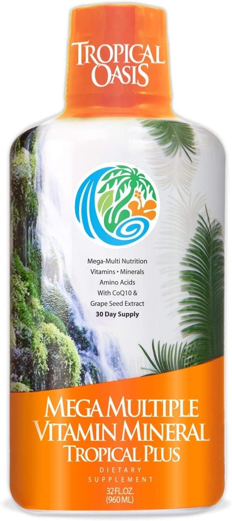 Tropical Oasis Mega Plus - Liquid Multivitamin and Mineral Supplement – Περιλαμβάνει 85 Βιταμίνες & Ορυκτά, 20 Αμινοξέα + CoQ10, εκχύλισμα σπόρων σταφυλιών & Βιολογική Αλόη Βέρα - 32oz, 32 Μερίδες, 33460