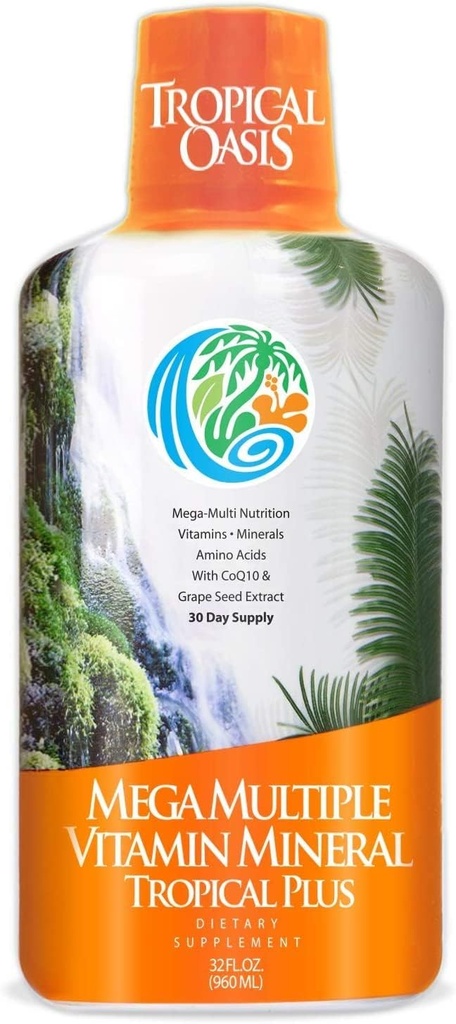 Tropikal Oasis Mega Plus - Sıvı Çokvitamin ve Mineral Supplement - 85 Vitamin ve Mineraller, 20 Amino Asits + CoQ10, Grape Seed ve Organik Aloe Vera - 32oz, 32 Hizmet, 33460