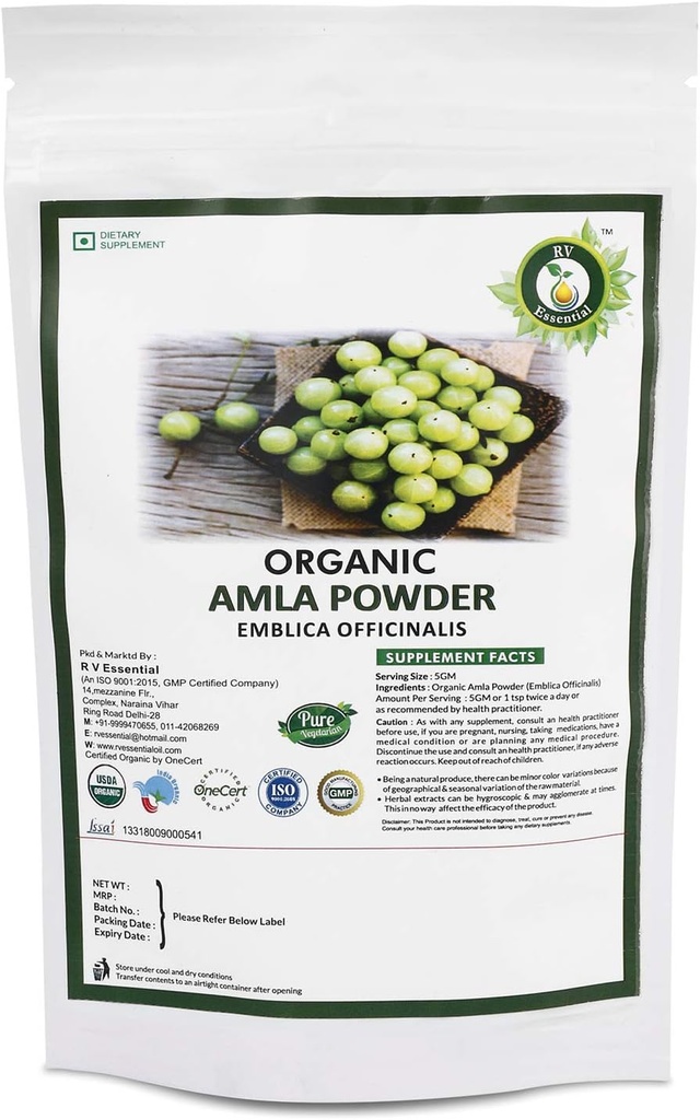 R V Essential Organic Amla Toz 100gm / 3.53oz / 0.22lb- Emblica Officin Amla Fruit Toz Saç USDA Organik sertifikalı Ayurvedic Herbal Supplement Resealable ve Reusable Zip Lock Pouch
