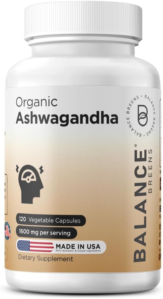 sertifikalı Organik Ashwagandha 1600 mg, 120 Veg Capsules - Destekler Uyku ve Dengeli Enerji Seviyeleri (120 Kont ( 1))