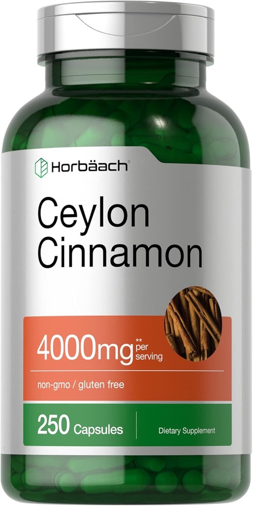 Horbäach Ceylon Cinnamon Capsules 4000 mg | 250 Count | Non-GMO, Gluten Free