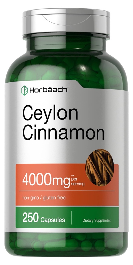Horbäach Ceylon Cinnamon Capsules 4000 mg | 250 Count | Non-GMO, Gluten Free