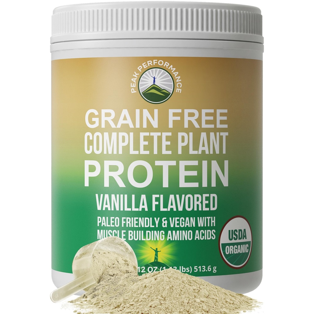 Peak Performance Organic Paleo Grain Free Plant Based Raw Vegan Protein Powder. Amazing Amino Acid Profile and Less Than 1g of Sugar. with Hemp and Pea Protein Vanilla Flavored