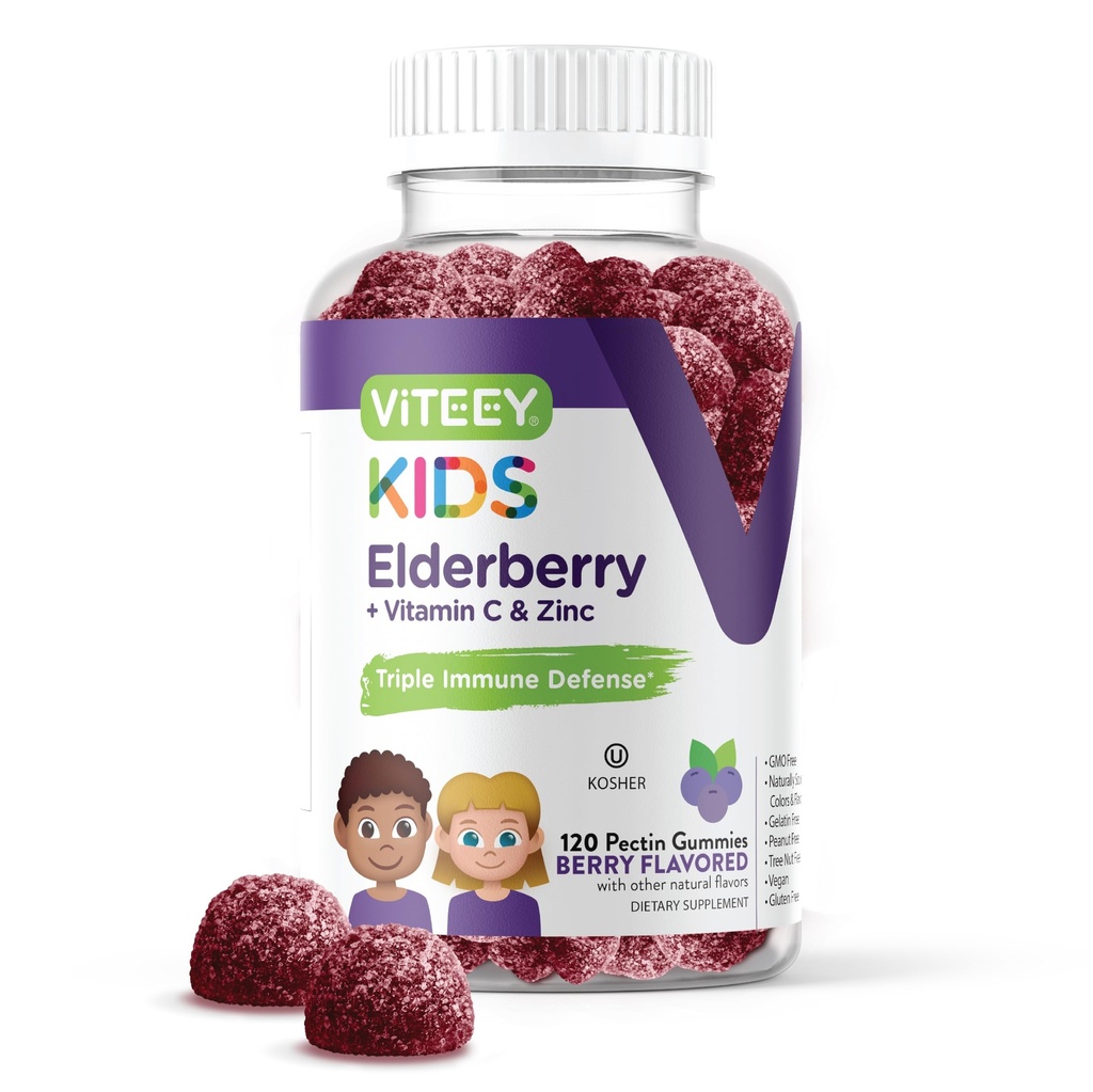Viteey Sambucus Elderberry Gummies for Kids Immune Support Supplements with Zinc & Vitamin C 3-1 Immune Booster - Vegetarian, Gelatin Free, Gluten Free, GMO Free - Tasty Chewable Berry Flavored