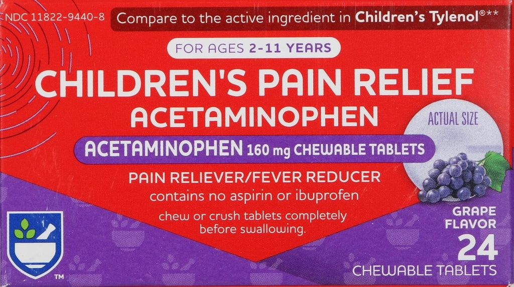 Rite Aid Children's Pain Relief Chewable Grape Tabletleri, Acetaminophen, 160 mg - 24 Count | Pain & Fever Relief for Kids Ages 2-11 Years | Alkol Özgür, aspirin-Free, Ibuprofen-Free, Ibuprofen-Free, Ibuprofen-Free, Ibuprofen-Free