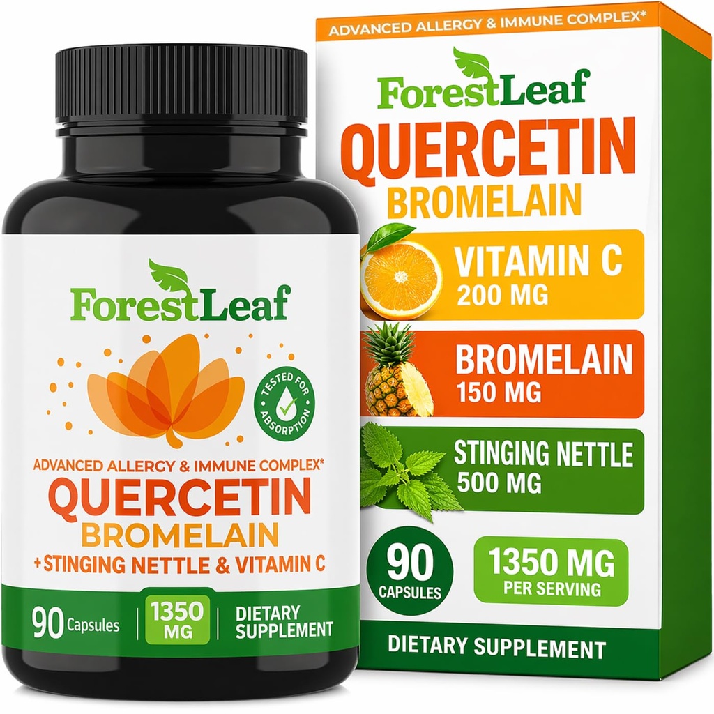 ForestLeaf Quercetin with Bromelain 1350 mg - C & Sting Nettle Supplement, Quercetin 500 mg Capsules, Non-GMO Gluten Free, Natural Immune & Respiratory Function, 90 Veggie Caps