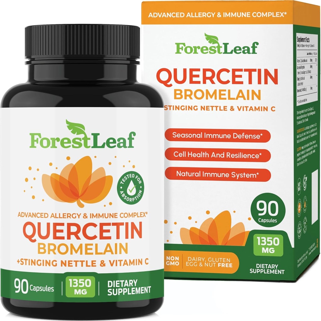 ForestLeaf Quercetin with Bromelain 1350 mg - C & Sting Nettle Supplement, Quercetin 500 mg Capsules, Non-GMO Gluten Free, Natural Immune & Respiratory Function, 90 Veggie Caps