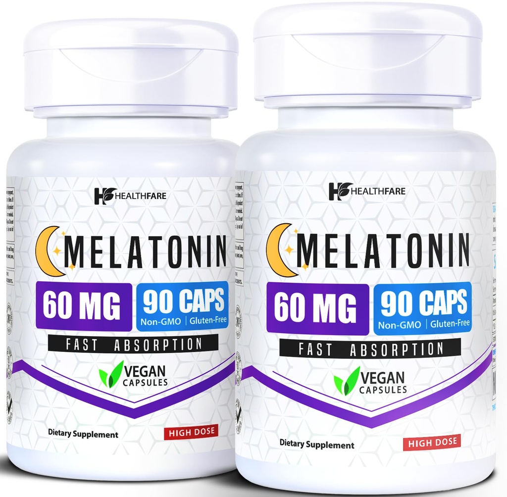 HealthFare Melatonin 60 mg | 2 Paket | 90 Veg Capsules Her | Yüksek Lisans Formula | Vejetaryen, Non-GMO, Gluten-Free | Made in the USA