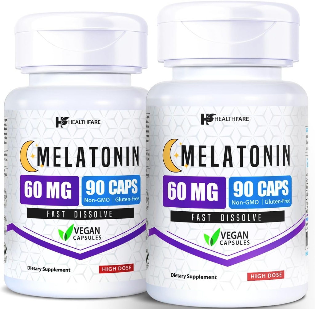 HealthFare Melatonin 60mg | Pack of 2 | 90 Veg Capsules Each | High-Strength Formula | Vegetarian, Non-GMO, Gluten-Free | Made in The USA