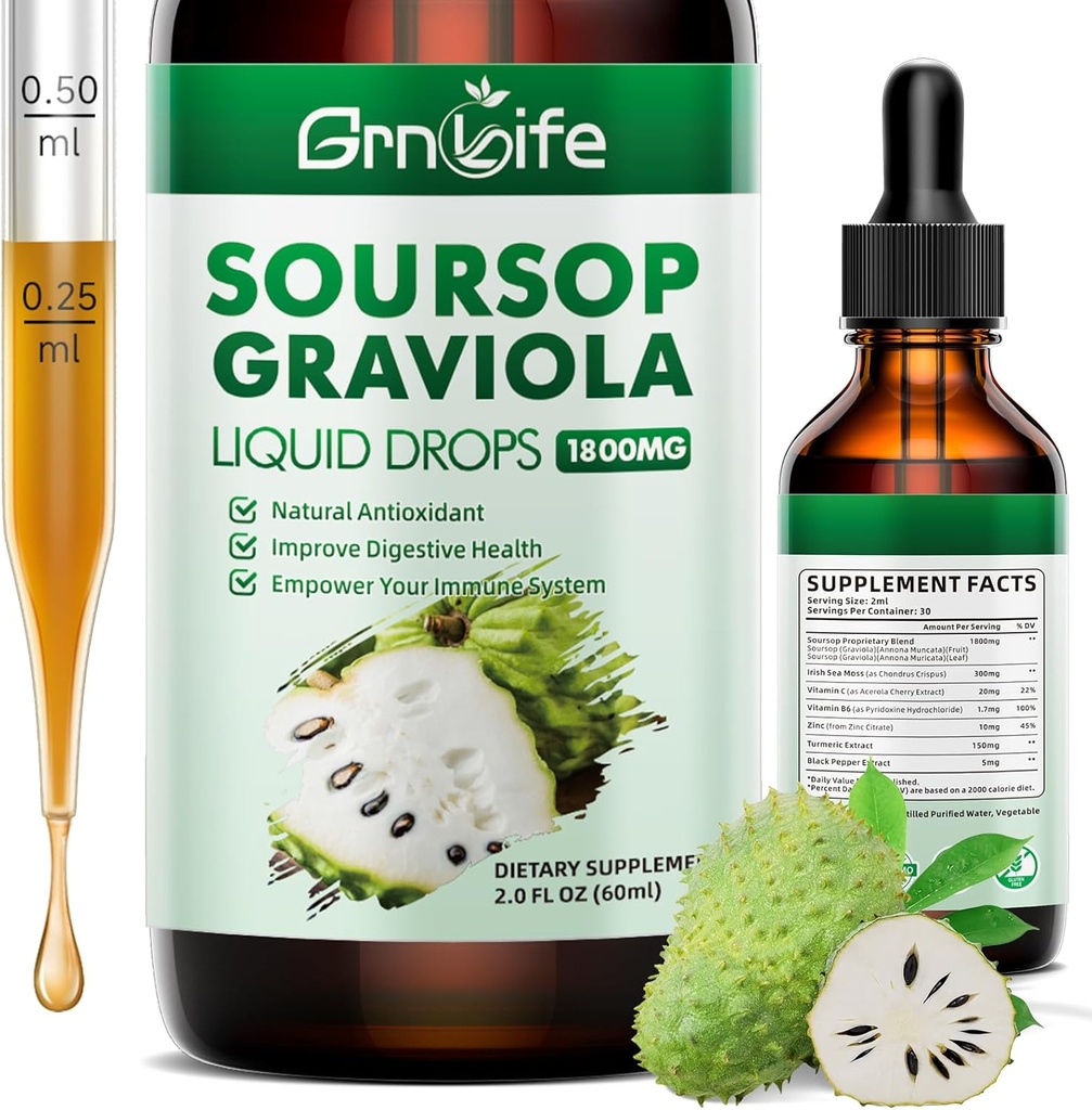 (1 Pack) Deniz Moss & Turmeric ile Soursop Graviola Liquid Drop, Soursop Bitters Hücre Desteği ve Rejenerasyonu, Antioksi ve Immune, 2 Fl/Oz