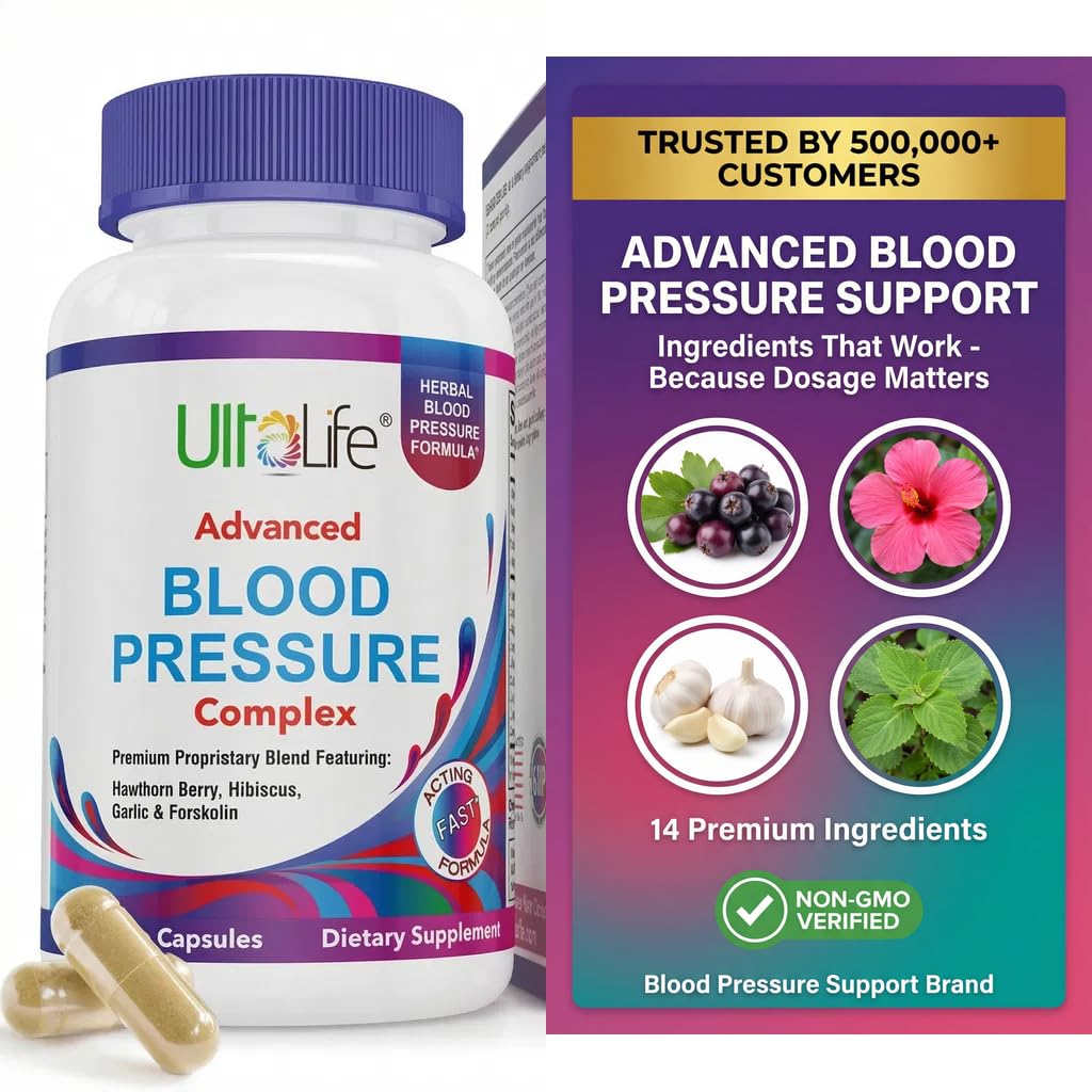 ULTALIFE Blood Pressure Supplement - Advanced Blood Pressure Supplement Complex - Hawthorn Berry, Hibiscus, Σκόρδο, Φορσκολίνη - 14 Βιταμίνες & Βότανα, 30 ημέρες προσφοράς σε κάψουλες Veggie