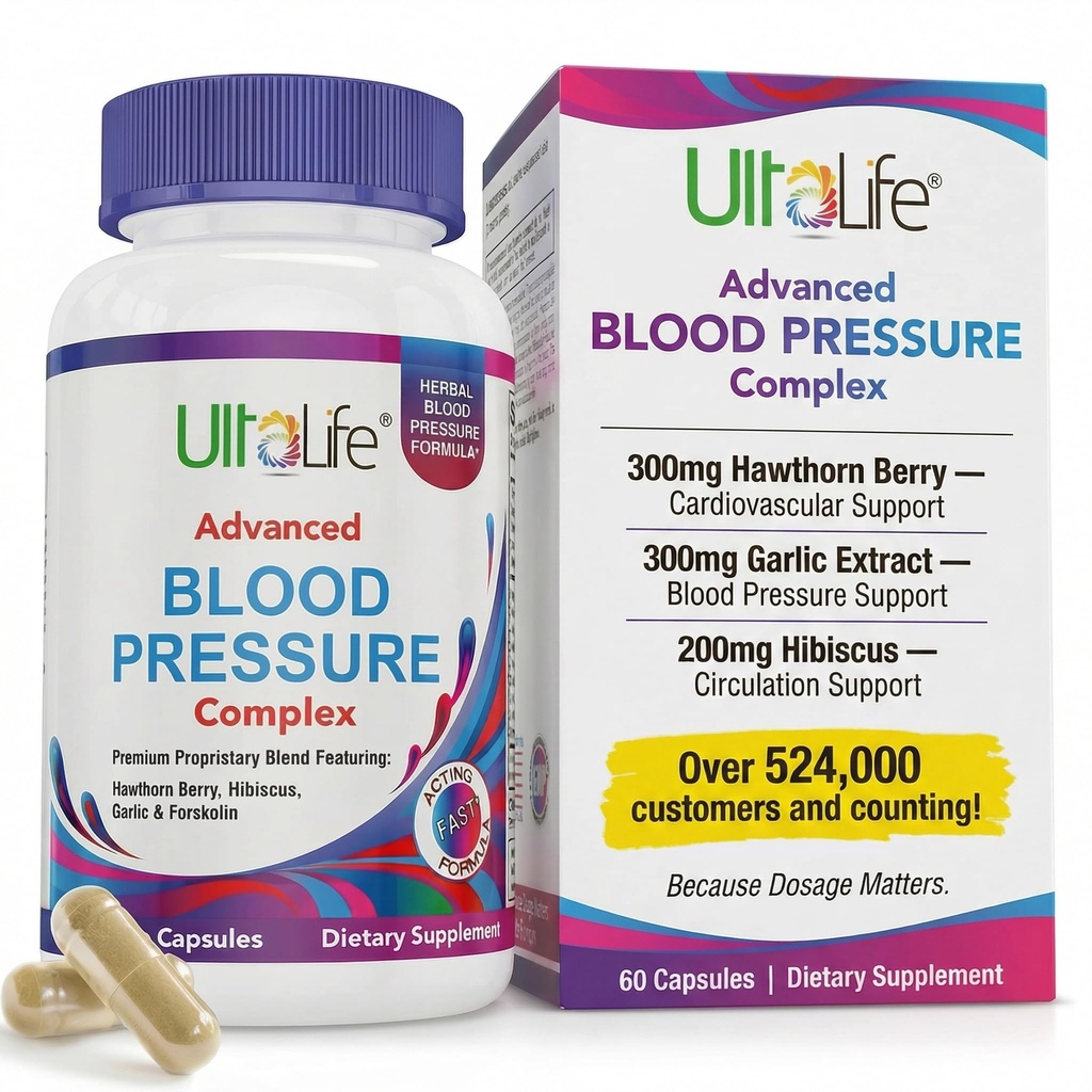 ULTALIFE Kan Baskı Supplements - Gelişmiş Kan Baskı Kompleksi - Hawthorn Berry, Hibiscus,,, Forskolin - 14 Vitamin & Herbs, Veggie Capsules'te 30 Günlük Tedarik