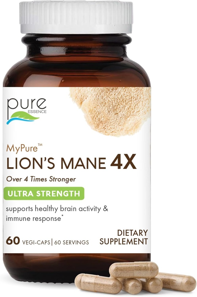 PURE ESSENCE LABS MyPure Lion's Mane 4X - Συμπλήρωμα υποστήριξης εγκεφάλου υπέρμετρης αντοχής με 6:1 εκχύλισμα ζεστού νερού & 10:1 εκχύλισμα για Γνωστική Υγεία, Εστίαση, Μνήμη & Διανοητική Καθαρότητα, 60 κάψουλες