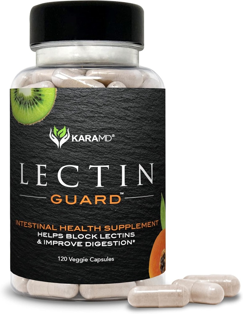 KaraMD Lectin Guard | Colon Cleansing Lectin Blocker | Terpery Elm, Bladderwrack, sodyum Alginate, Okra, Kiwi & Papaya | Gut Health for Women and Men, Non-GMO & Gluten Free 30 Capsules