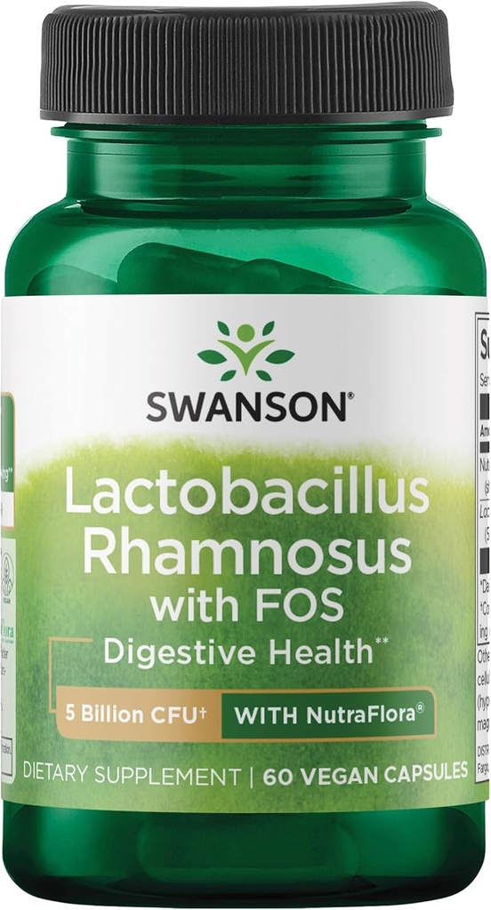 Swanson Lactobacillus Rhamnosus with FOS - Probiyotik Supplement Supports Digestive Health - 5 Milyar CFU - Seyahat sırasında GI Tract Health - (60 Veggie Caps)