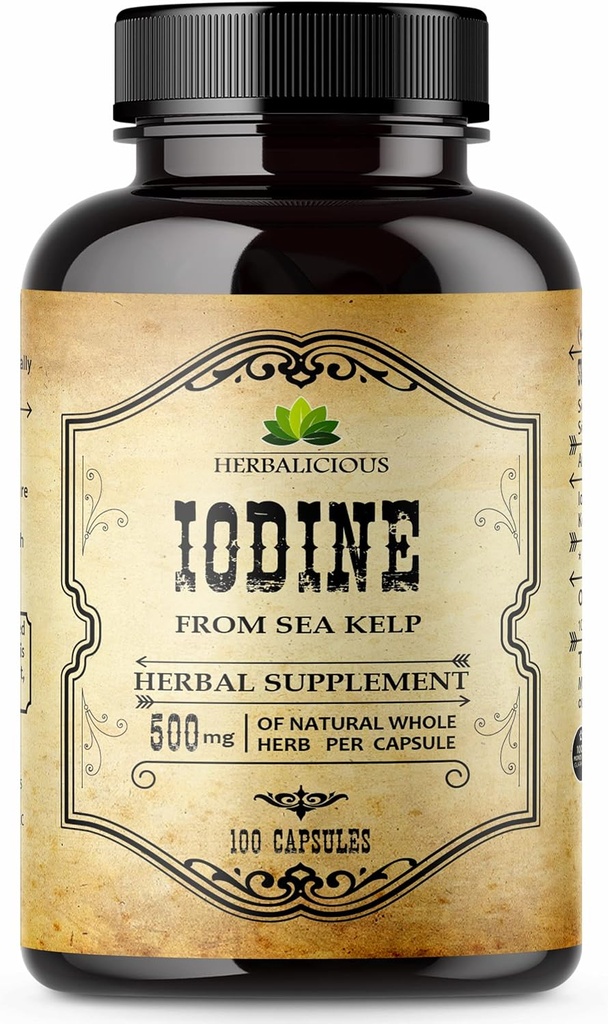 HERBALICIOUS Iodine Tabletleri - Deniz Kelp'ten Doğal Iodine - Tiroid Desteği Enerji, Digestion, Beyin & Bone Health - Non-GMO, Gluten-Free - 100 Capsules