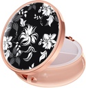 Rouidr Pill Box, 3 Karşılaştırmalı Tıp Pill Case, Small Metal Travel Medicine Box for Purse & Pocket, Rose Gold, Black Flower