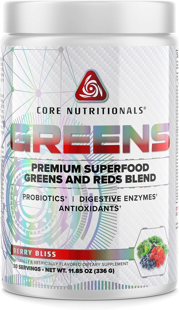 Core Nutritionals Greens | Premium Superfood Reds & Greens Meeting | 5 Milyar CFU Probiyotikler, Digestive Enzymes, & Antisoxy | 30 Servisler (Berry Bliss)