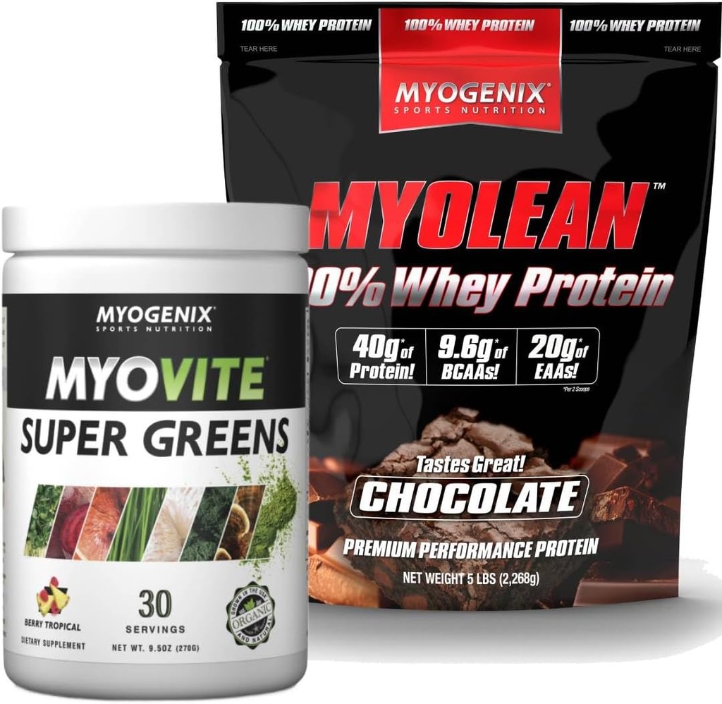 Myogenix Myovite Supergreens Toz & Myolean Chocolate Whey proteini – Digestion, Immunity & 40g High-Protein Whey – Support Gut Health, Muscle growth & Recovery