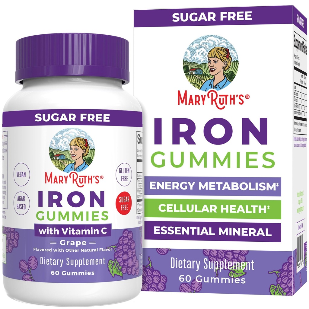 MaryRuth Organics Iron Gummies for 14+ with Vitamin C for Abpole | Sugar Free | Gummy Iron Supplement + VIT C | Enerji Metabolism | Hücre Sağlığı | Immune Support | Vegan | Non-GMO | 60 Kont