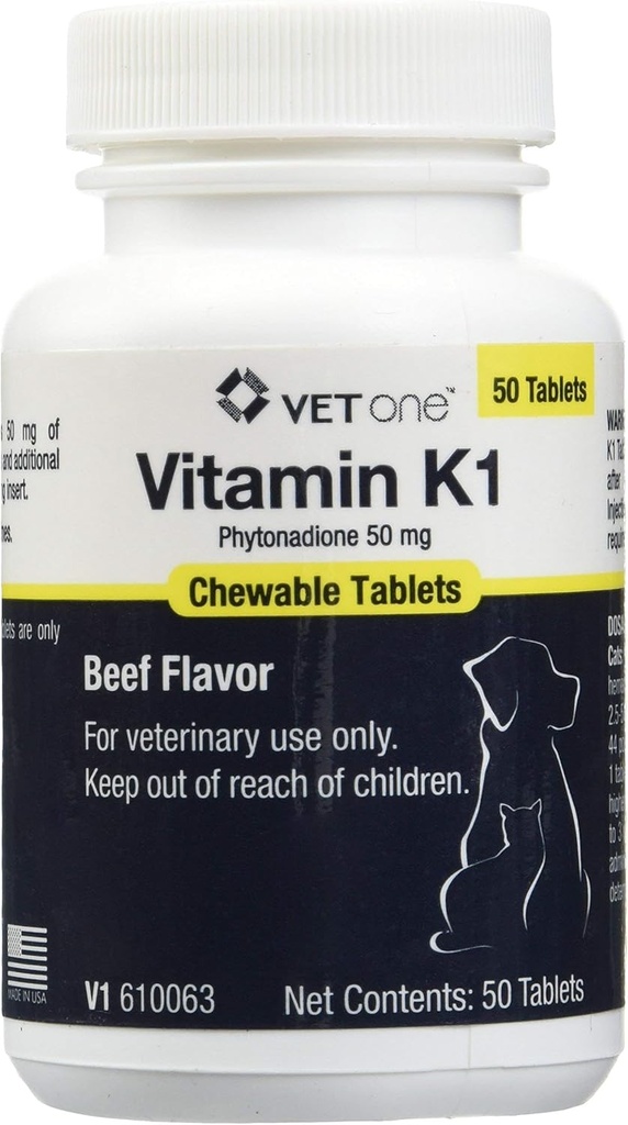 Vet One Vitamin K1 Μασώμενα Δισκία - Βιταμίνη K1 για σκύλους, Μασώμενες Βιταμίνες βοείου κρέατος για γάτες και σκύλους (50 δισκία, Phytonadione 50mg)