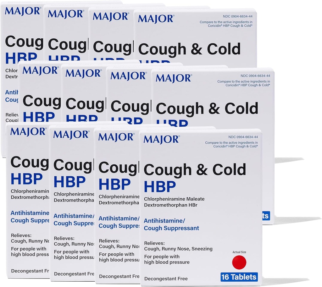 MAJOR Cough ve Cold HBP Tabletleri - Antihistamine ve Cough Suppressant for People with High Blood Pressure - Dextromethorphan HBr, Chlorpheniramine Maleate - 16 Count (12 Pack)