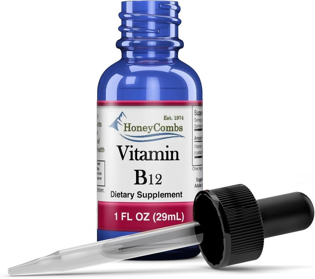 HoneyCombs Liquid Vitamin B12 Drops – Sublingual B12 Supplement for Energy, Brain Focus & Nerve Health – Cold Processed, Alcohol-Free, Vegetable Glycerin Base – Vegan, Made in USA – 36 Servings